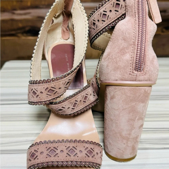 ZARA Mauve pink Laser Cut Heel studded Sandal US8 holidays suede chunky heel - Picture 2 of 5